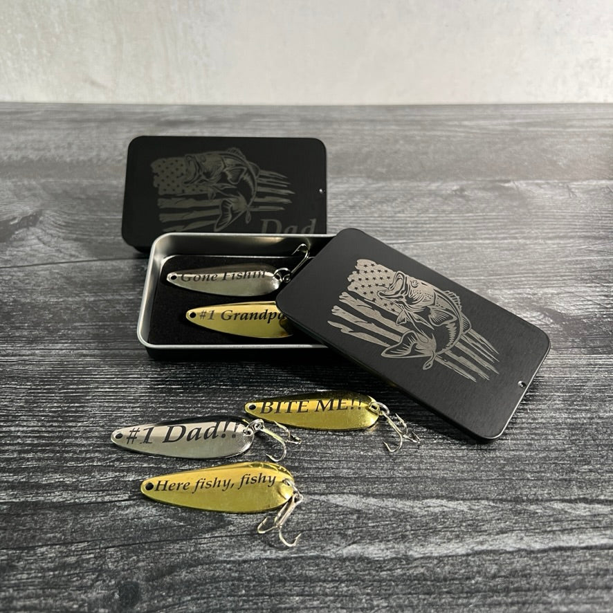 Fishing Lure Gift Set; 2 Custom Lures in Metal Tin