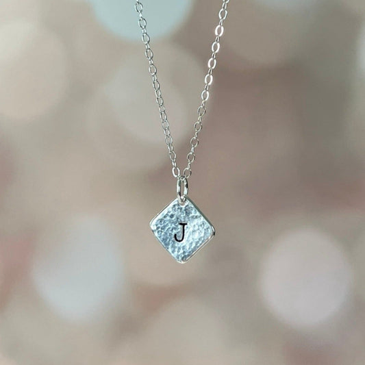 Hammered .925 Sterling Silver Initial Pendant with Fine Sterling Silver Chain