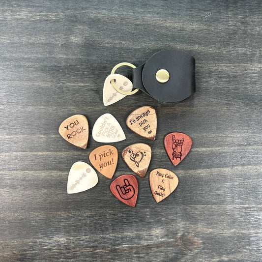 Custom Bone Guitar Pick on Leather Keychain Pouch with Second Engraved Pick