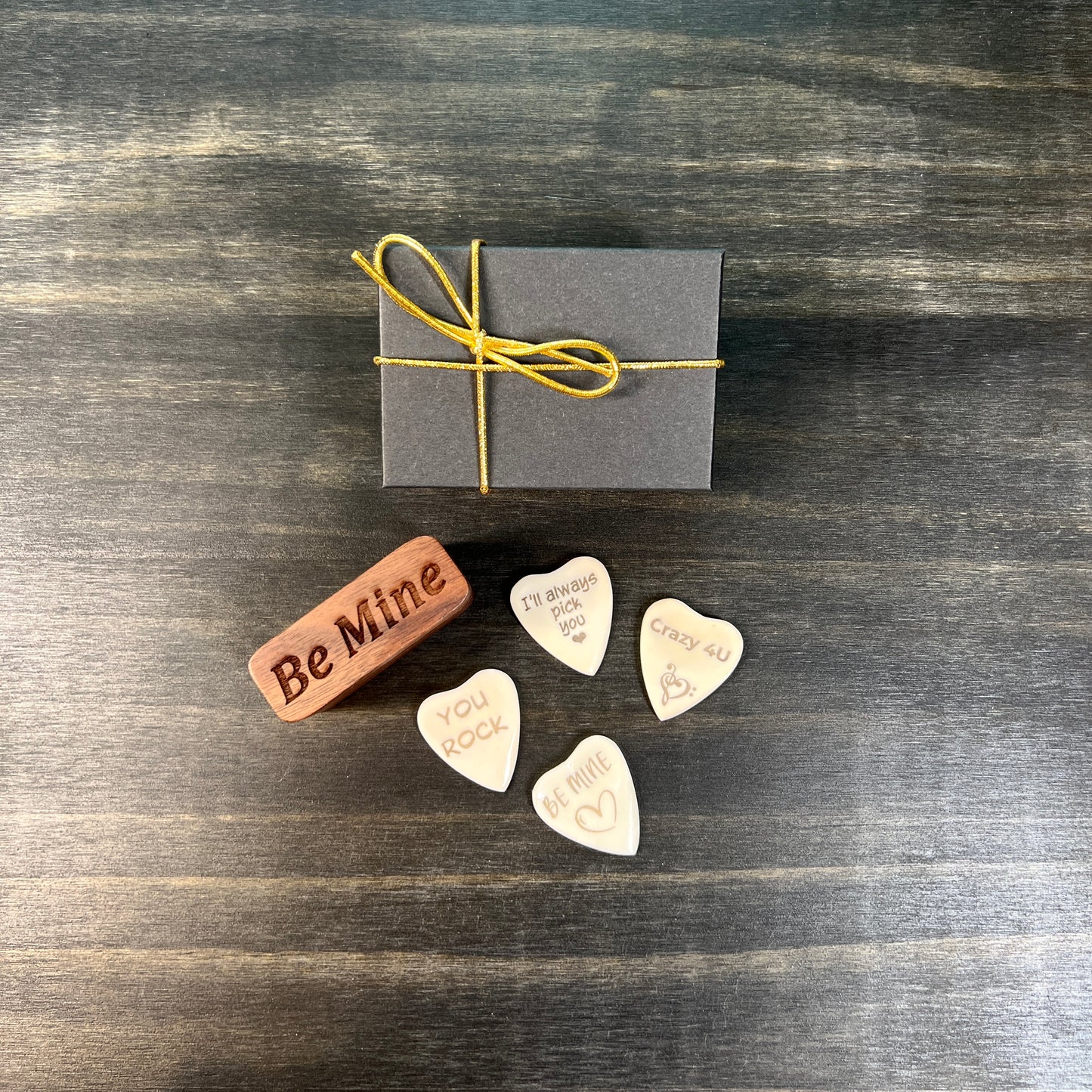 Personalized Heart Shaped Bone Guitar Pick with Engraved Magnetic Wood Box