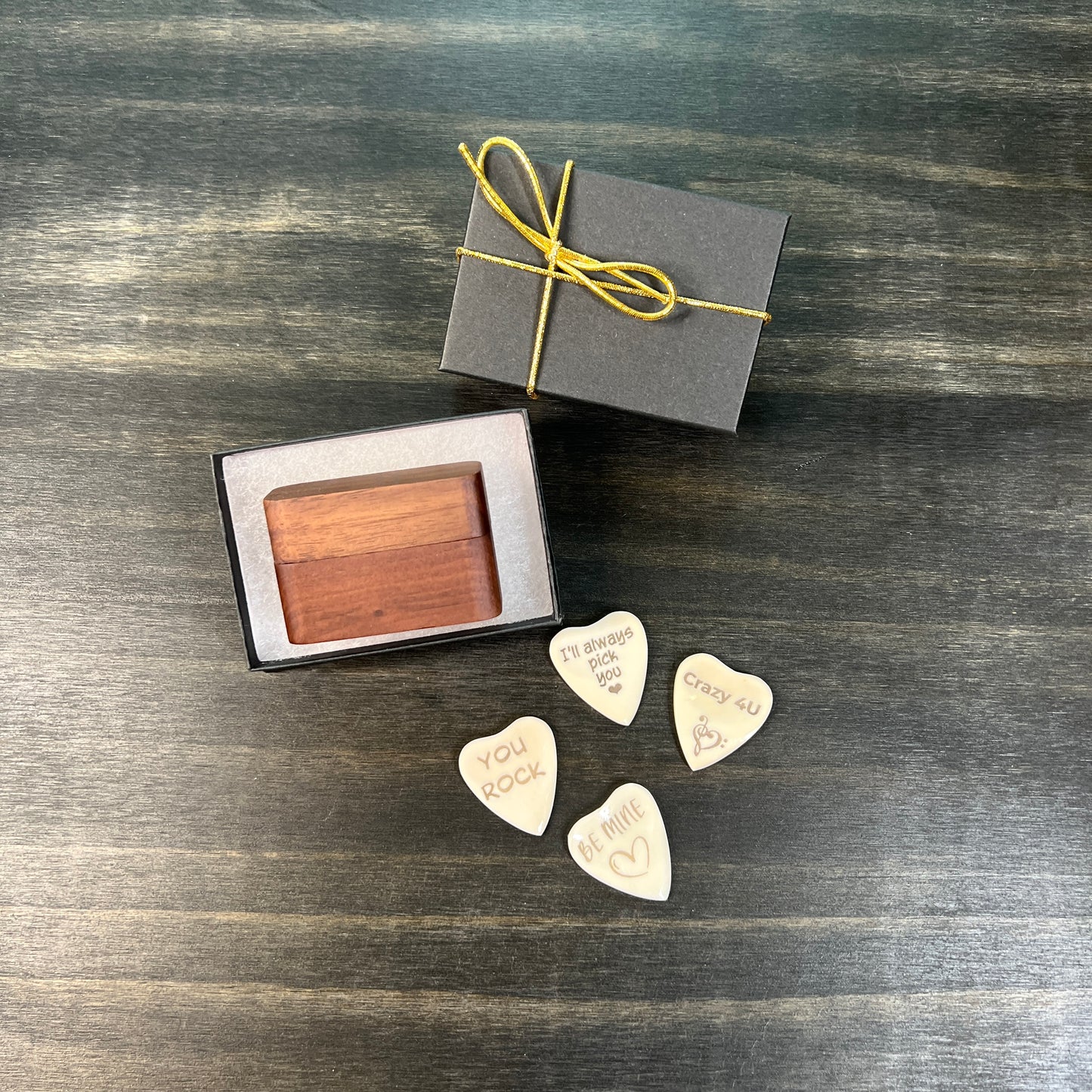 Personalized Heart Shaped Bone Guitar Pick with Engraved Magnetic Wood Box