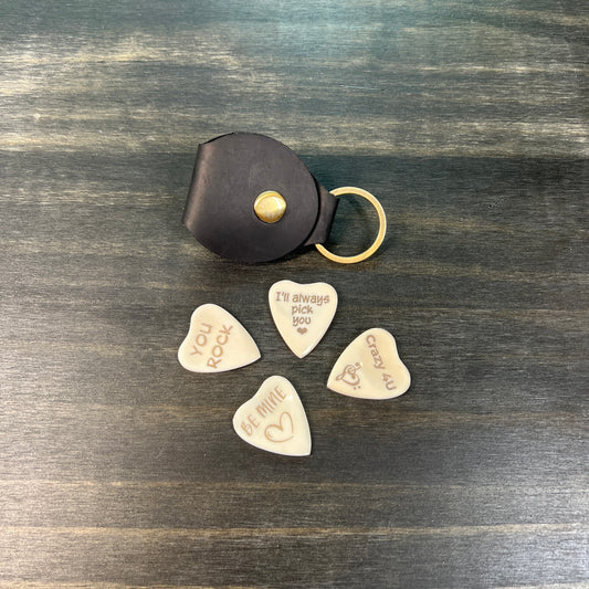 Custom Engraved Heart Shaped Bone Guitar Pick with Leather Keychain Pouch