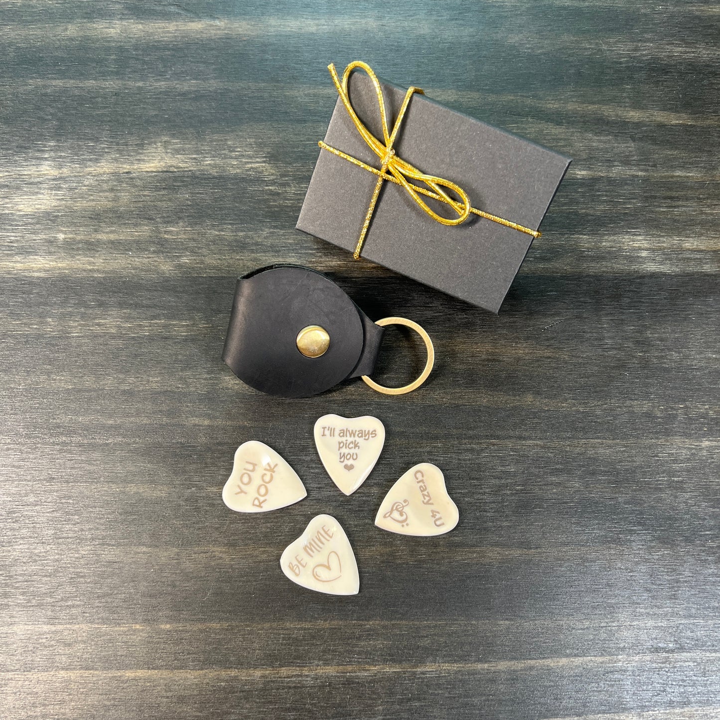 Custom Engraved Heart Shaped Bone Guitar Pick with Leather Keychain Pouch