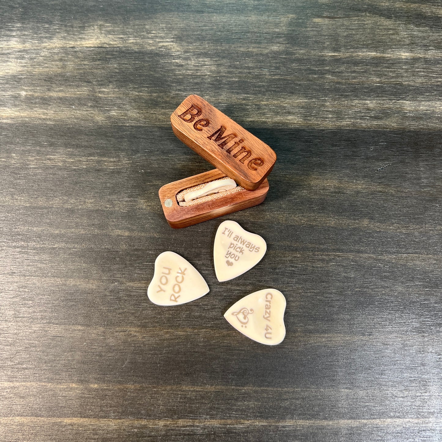 Personalized Heart Shaped Bone Guitar Pick with Engraved Magnetic Wood Box