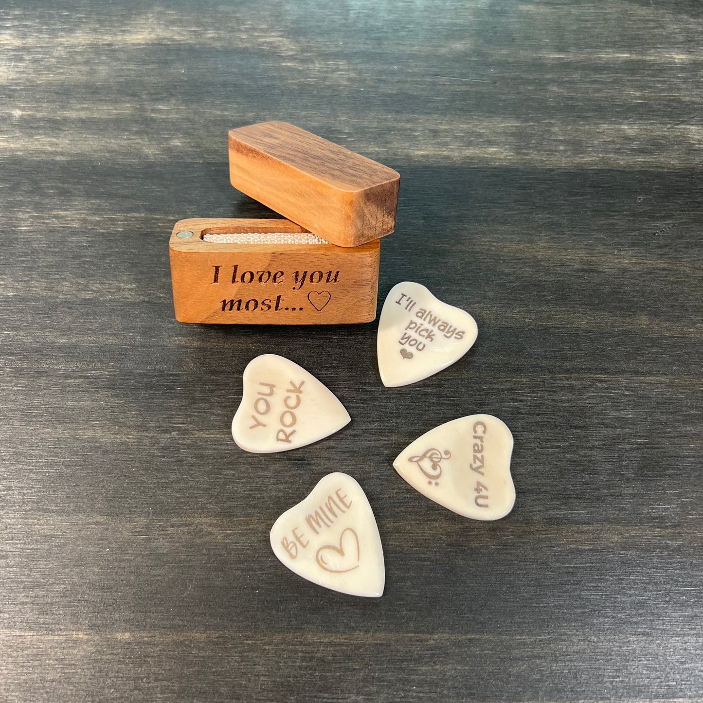 Personalized Heart Shaped Bone Guitar Pick with Engraved Magnetic Wood Box