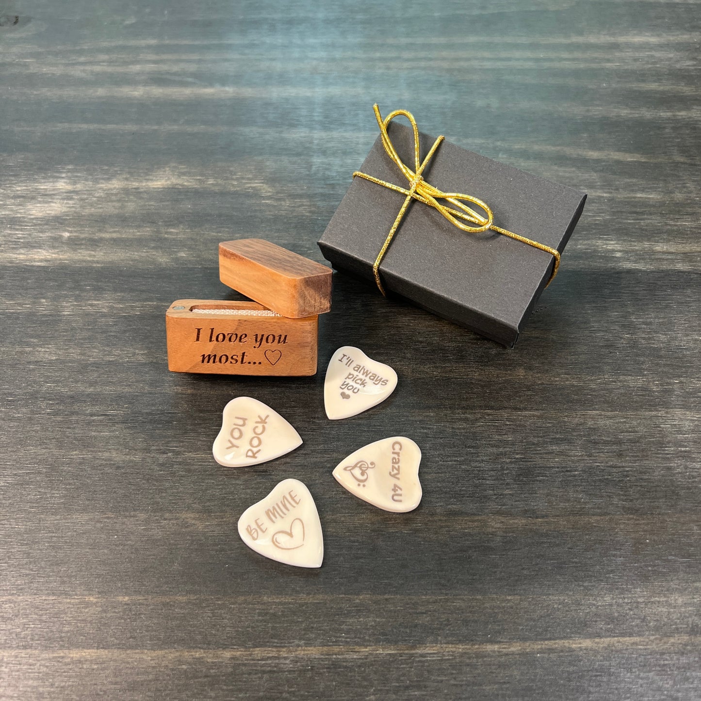 Personalized Heart Shaped Bone Guitar Pick with Engraved Magnetic Wood Box