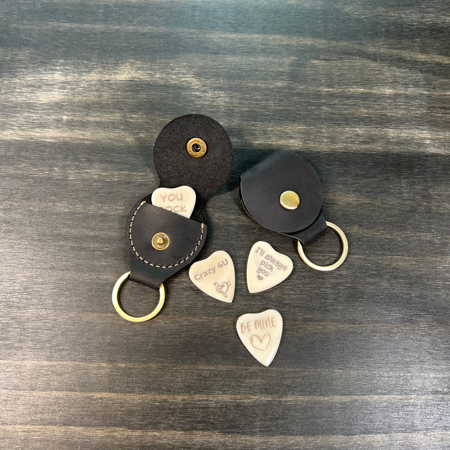 Custom Engraved Heart Shaped Bone Guitar Pick with Leather Keychain Pouch