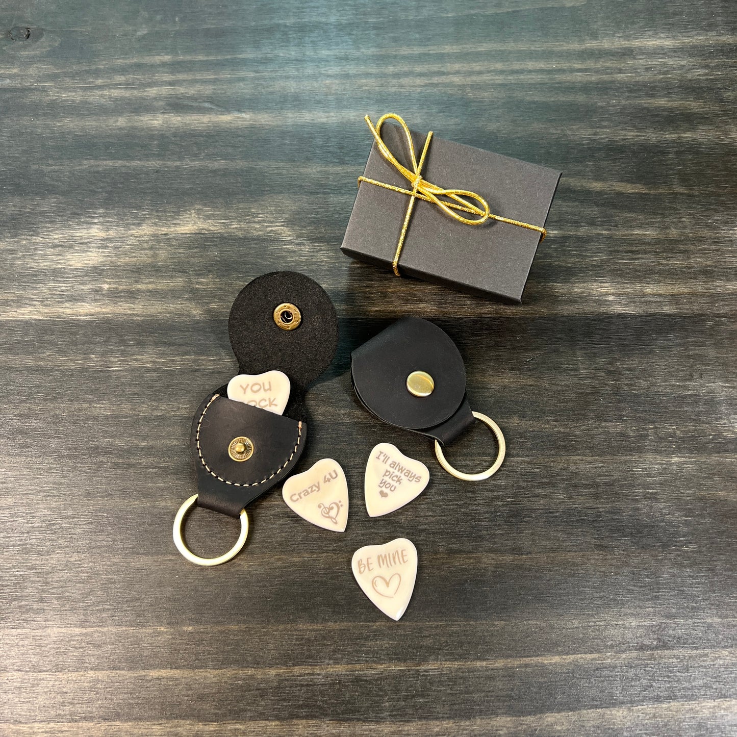 Custom Engraved Heart Shaped Bone Guitar Pick with Leather Keychain Pouch