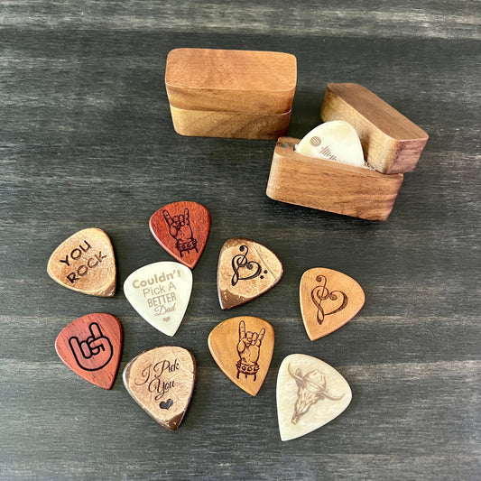 Custom Engraved Bone or Wood Guitar Pick with Wooden Magnetic Box