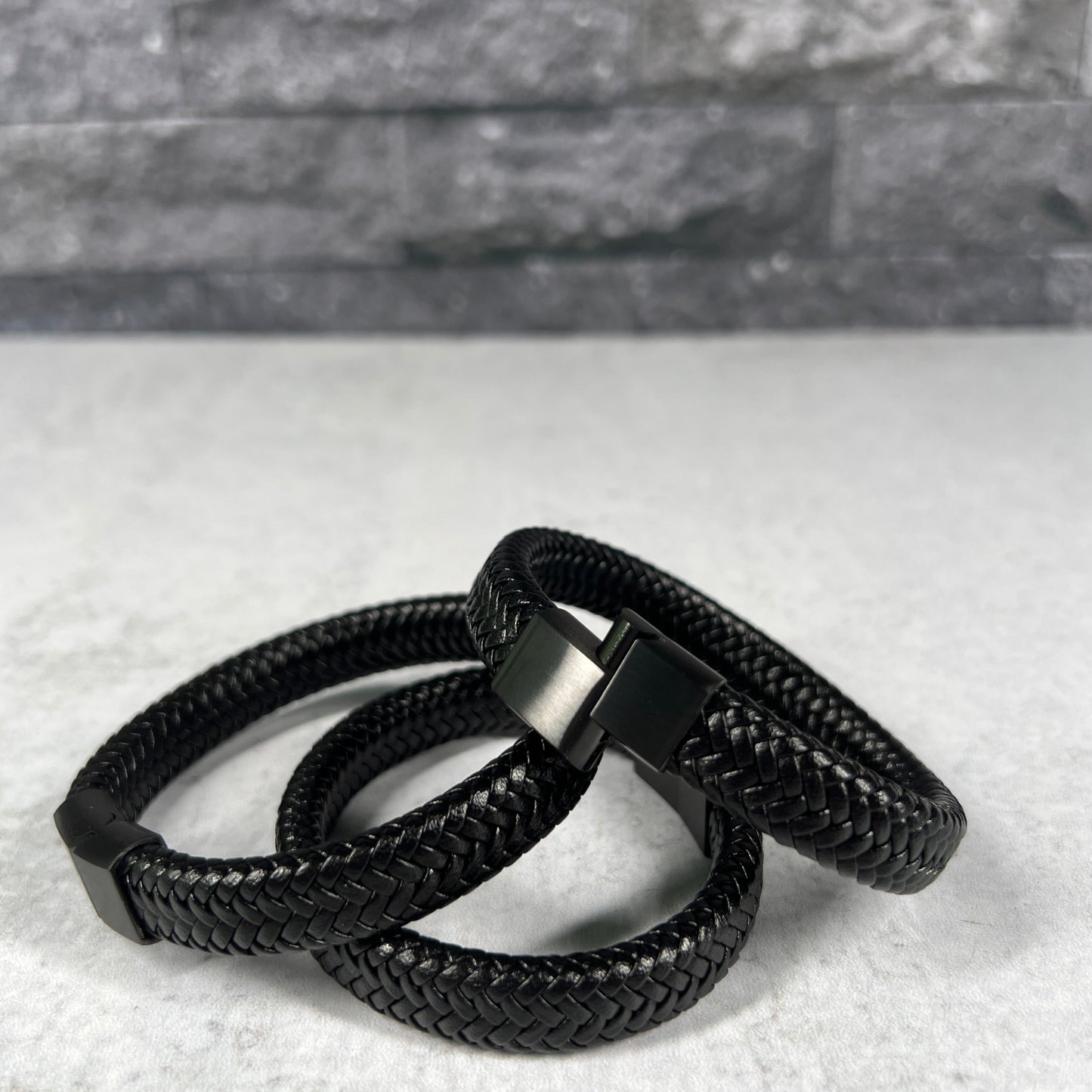 Men's Stainless Steel Black PU Leather Braided Bracelet