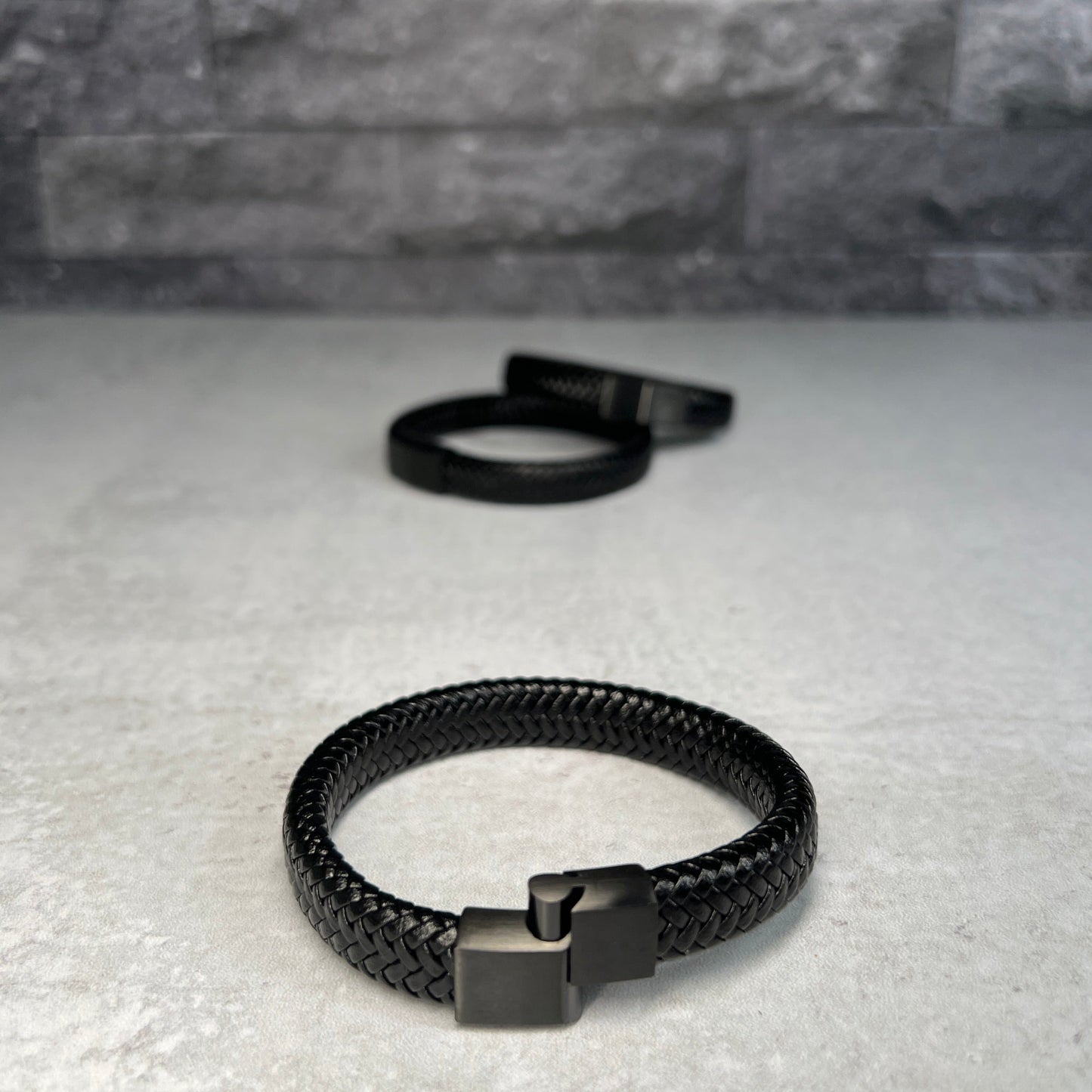 Men's Stainless Steel Black PU Leather Braided Bracelet