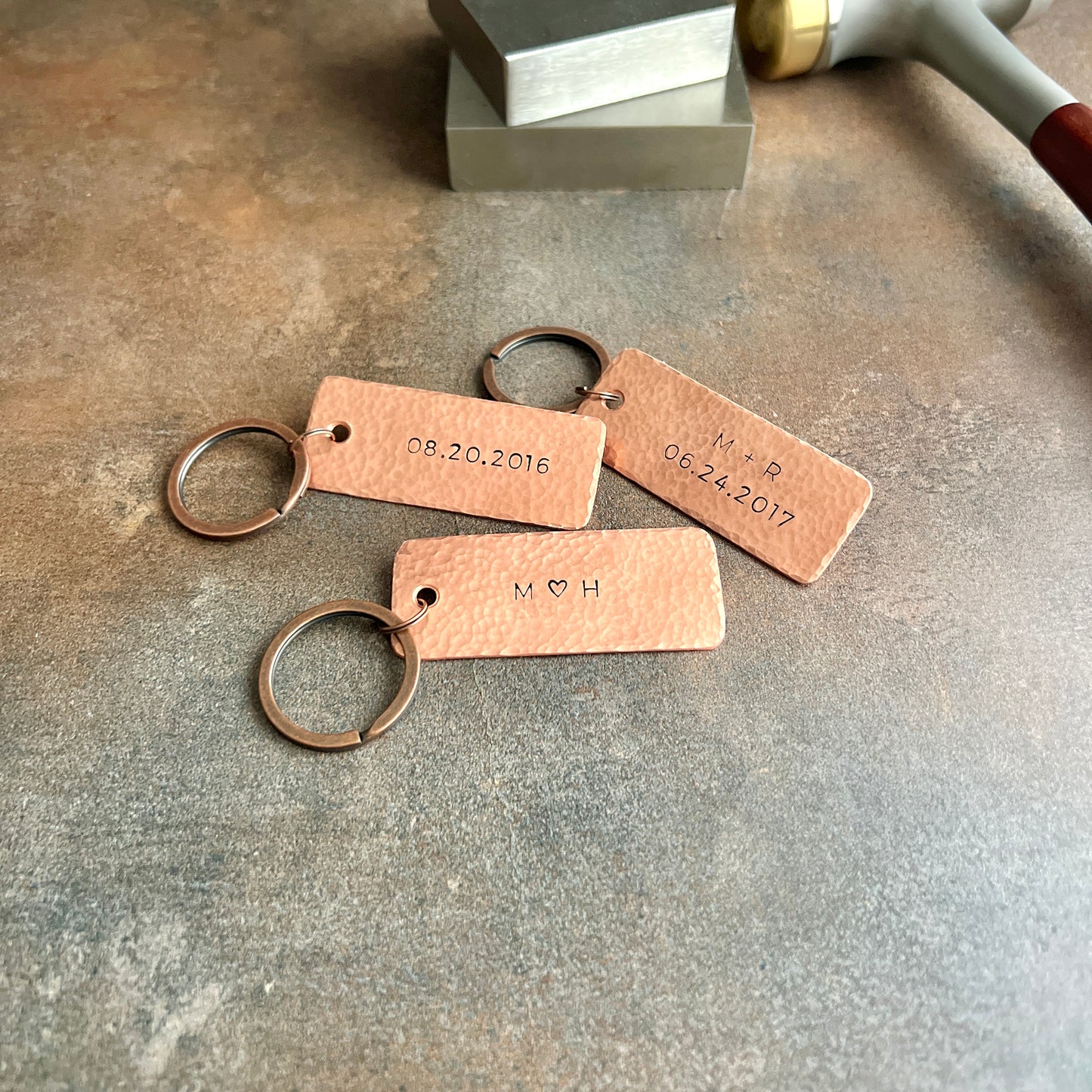 Custom Anniversary Keychain; Choice of Copper, Bronze, or Pewter