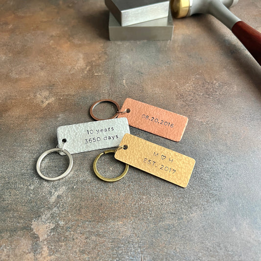 Custom Anniversary Keychain; Choice of Copper, Bronze, or Pewter