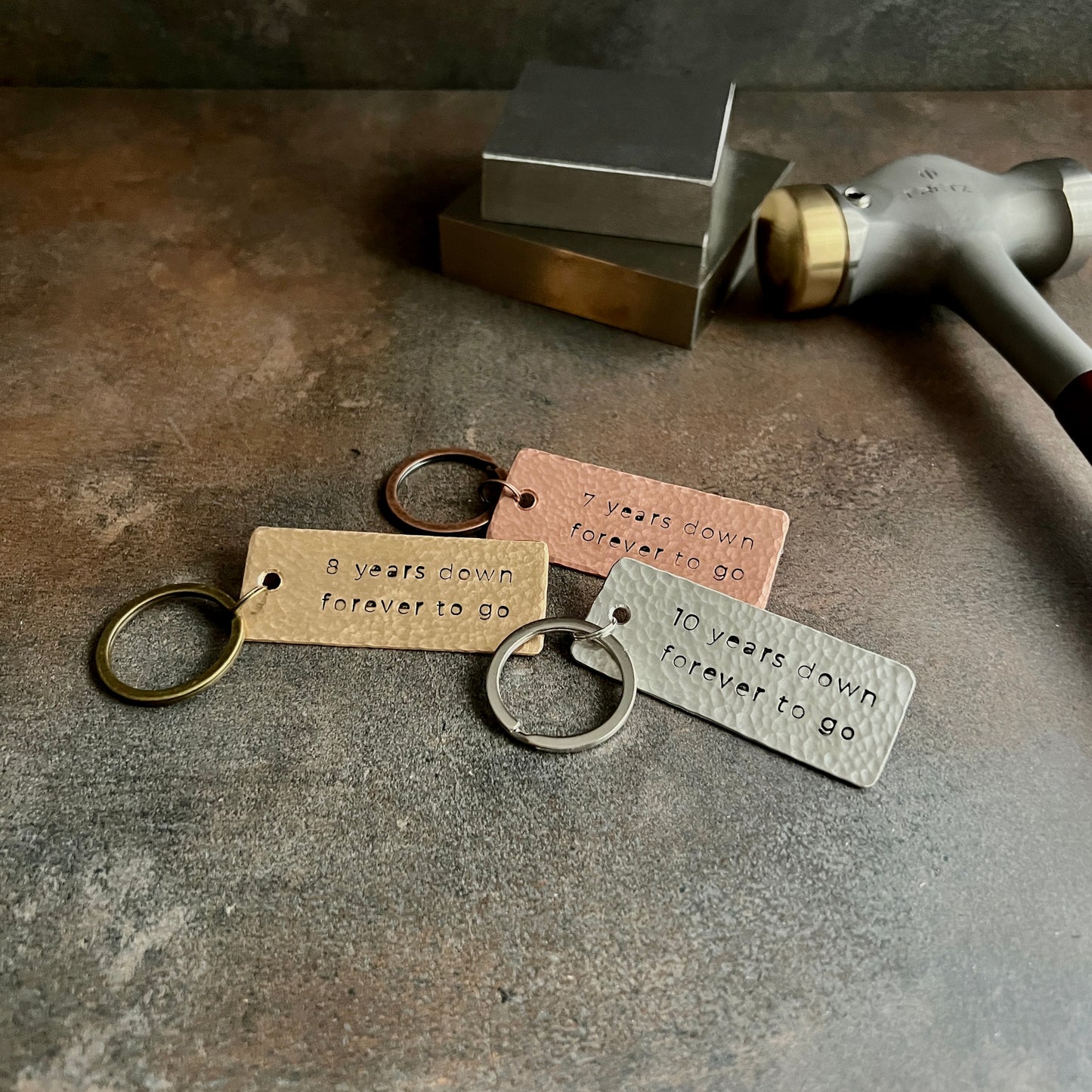 Hand-Stamped Anniversary Keychain – Copper, Bronze, or Pewter