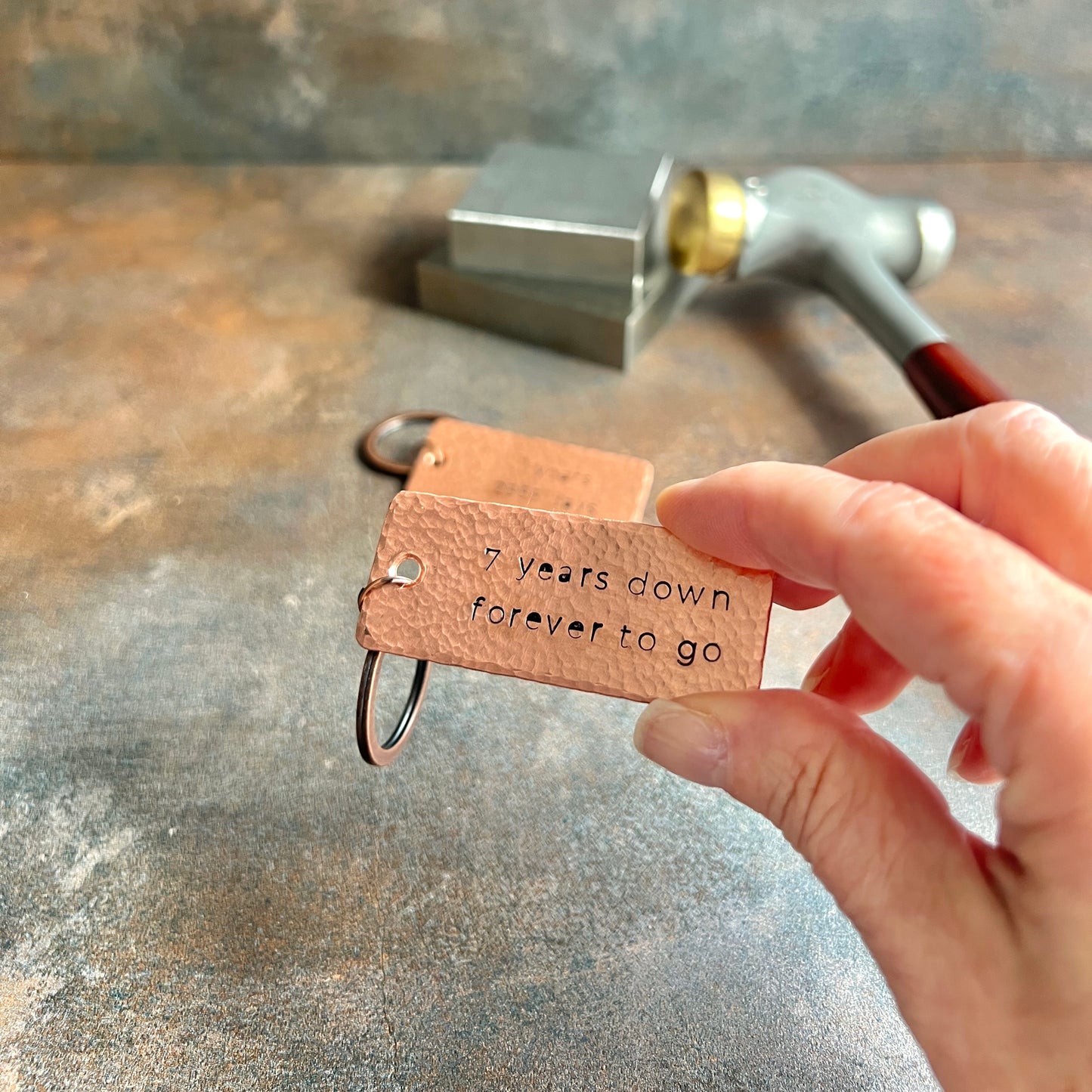 Hand-Stamped Anniversary Keychain – Copper, Bronze, or Pewter