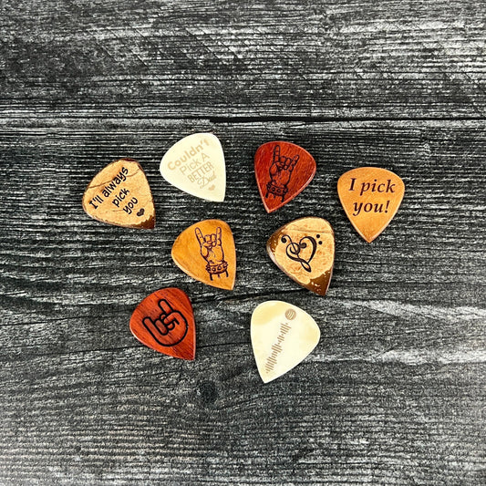 One Custom Engraved Wood or Bone Guitar Pick, Add Text or Image