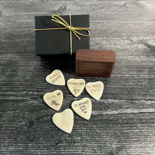 Personalized Heart Shaped Bone Guitar Pick with Engraved Magnetic Wood Box