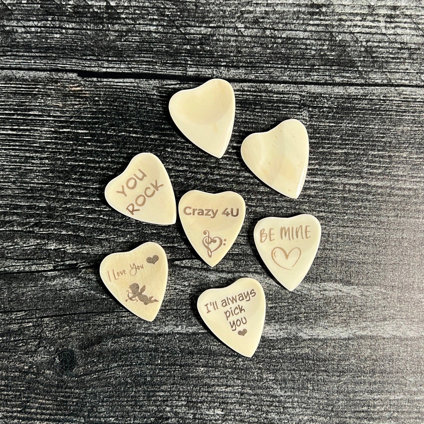 Custom Engraved Heart Shaped Bone Guitar Pick with Leather Keychain Pouch