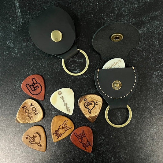 Custom Engraved Guitar Pick with Leather Pouch, Choice of Wood or Bone