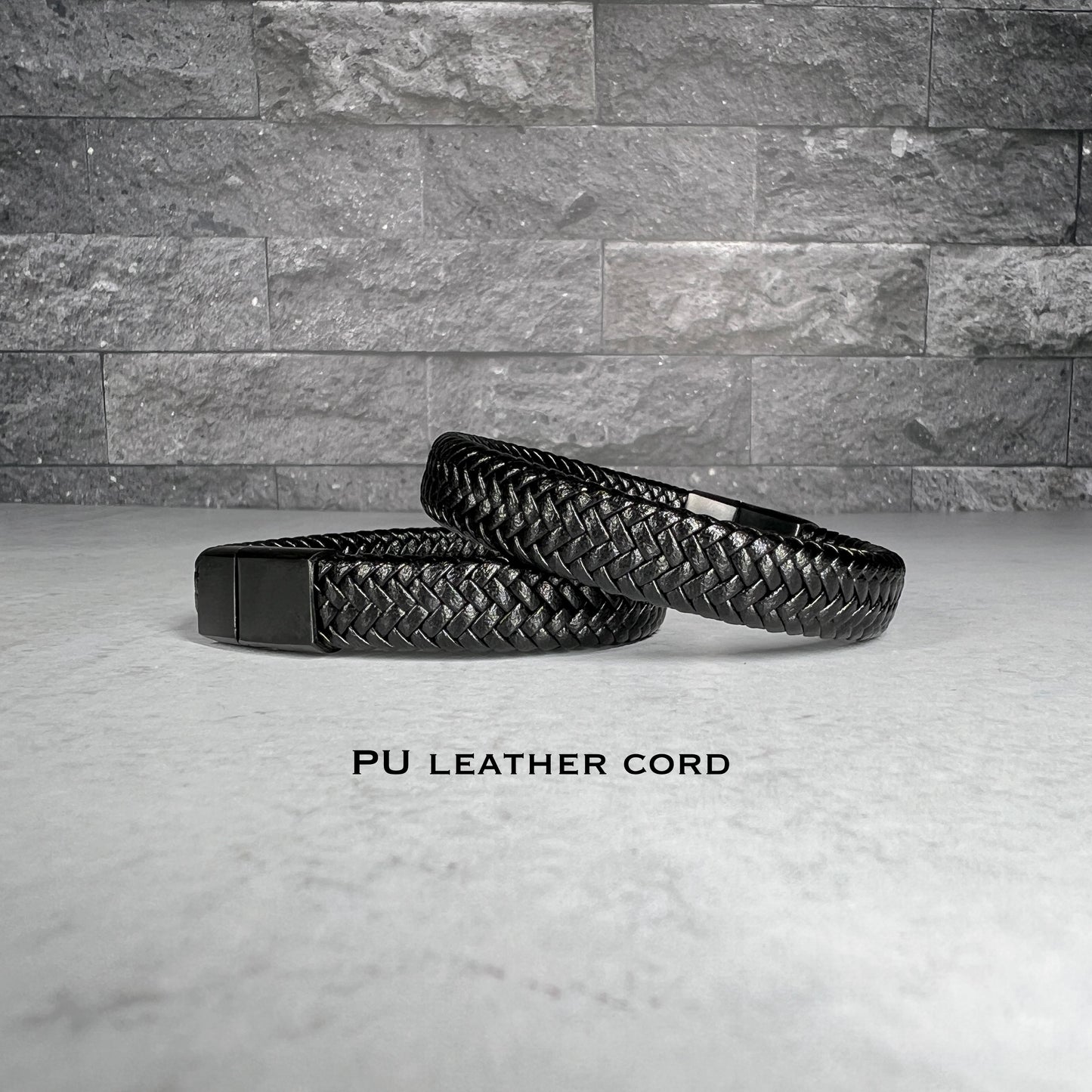 Men's Stainless Steel Black PU Leather Braided Bracelet