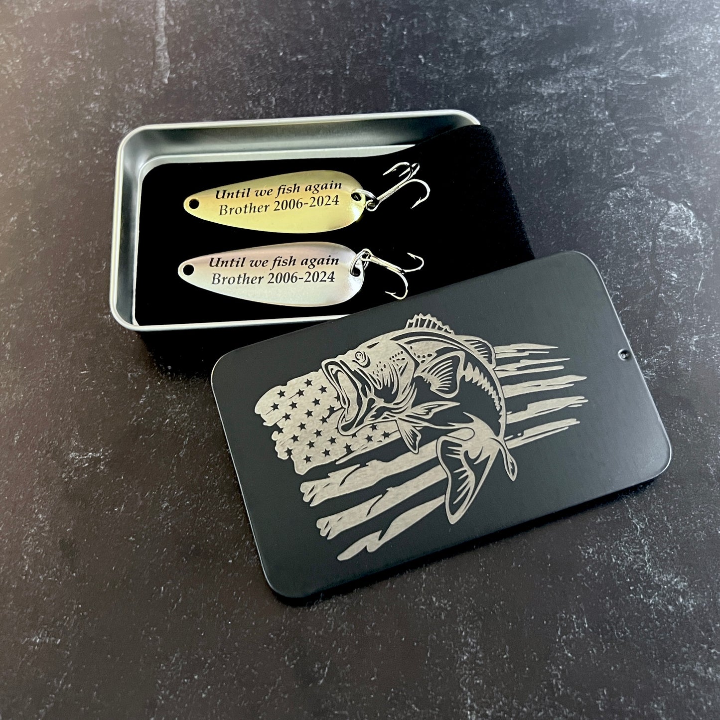 Fishing Lure Gift Set; 2 Custom Lures in Metal Tin